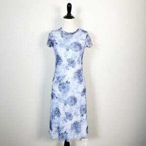 Hana 90s Y2K Vintage Sheer‎ Mesh Overlay Floral Print T Shirt Midi Dress Blue S